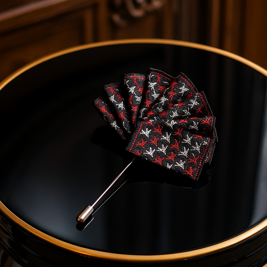 A Black, Red, Blue Hounds Tooth Pattern Pocket Square Lapel Pin||Black with Red, Light Grey Houndstooth