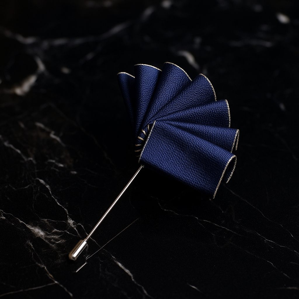 Blue lapel pin on a dark textured background