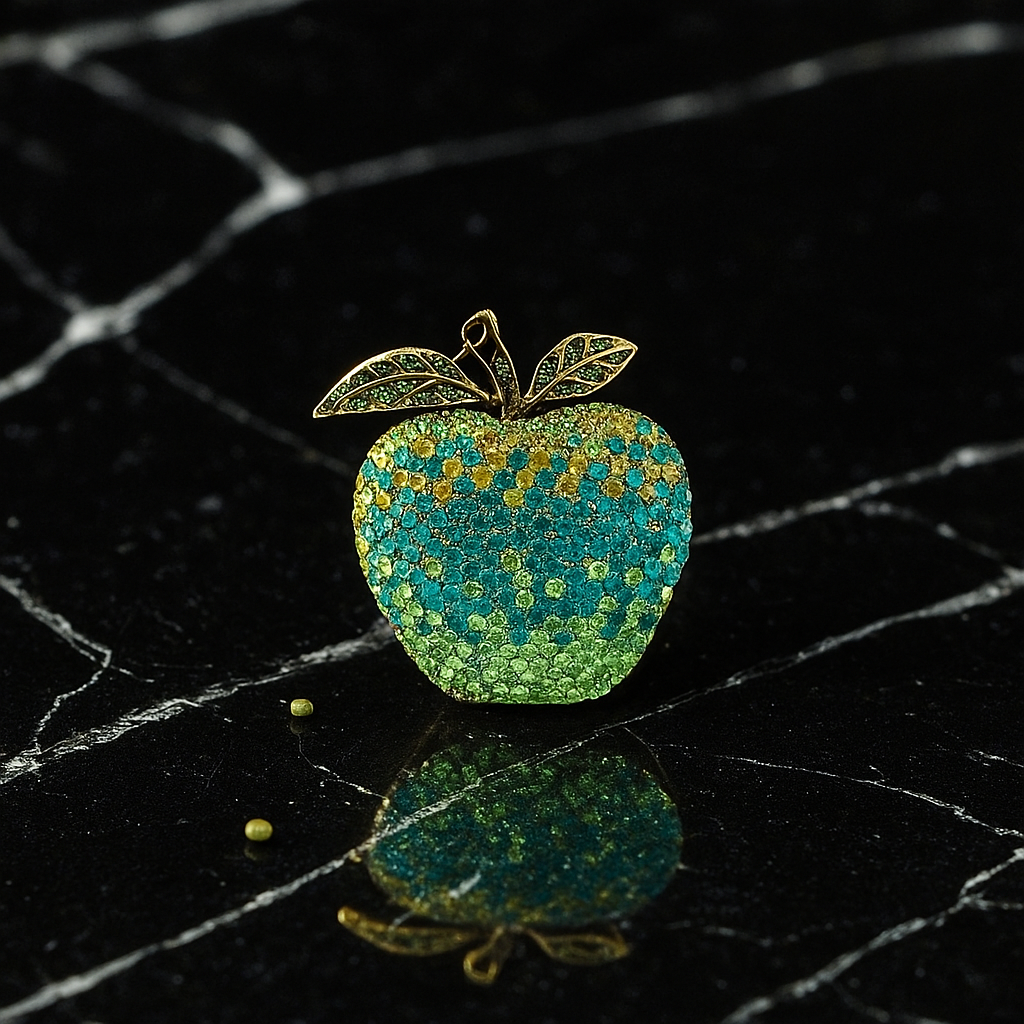 Decorative apple pin with green and gold colors on a black textured background