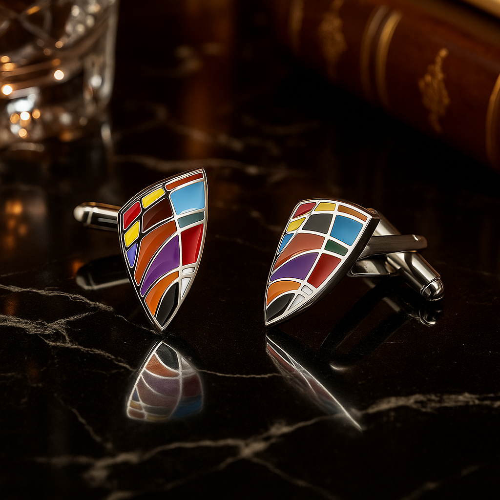 Colorful shield-shaped cufflinks on a dark surface