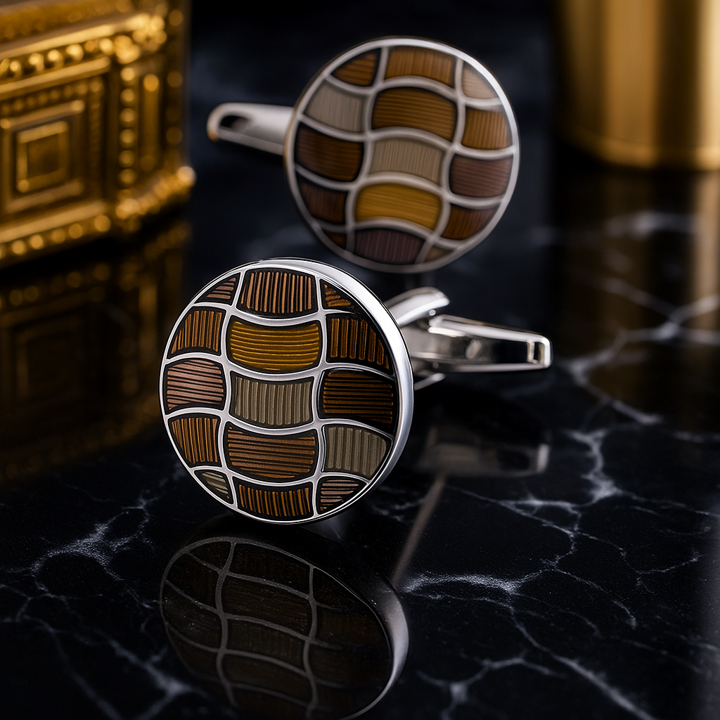 Round cufflinks with brown and silver design on a dark surface