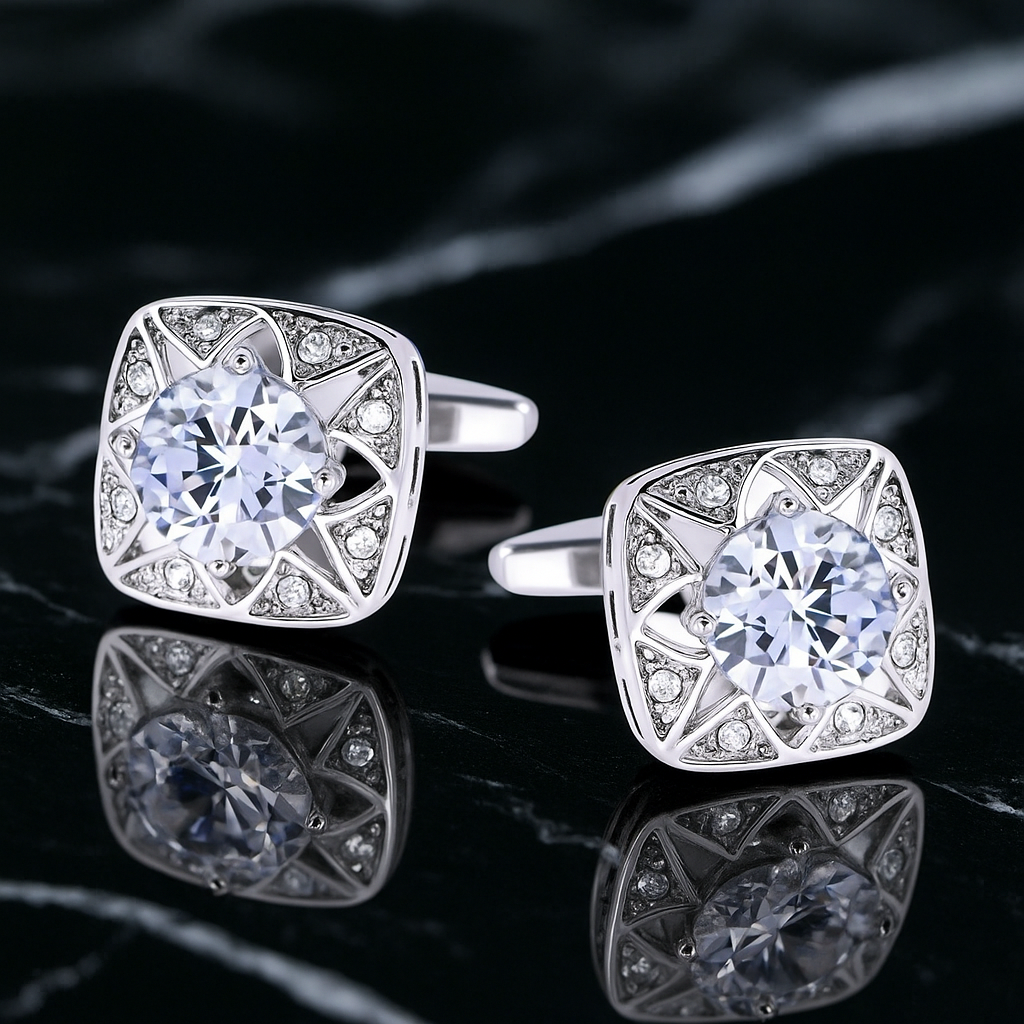 Premium A Silver, Clear Stone Square Shape Cuff-links Set