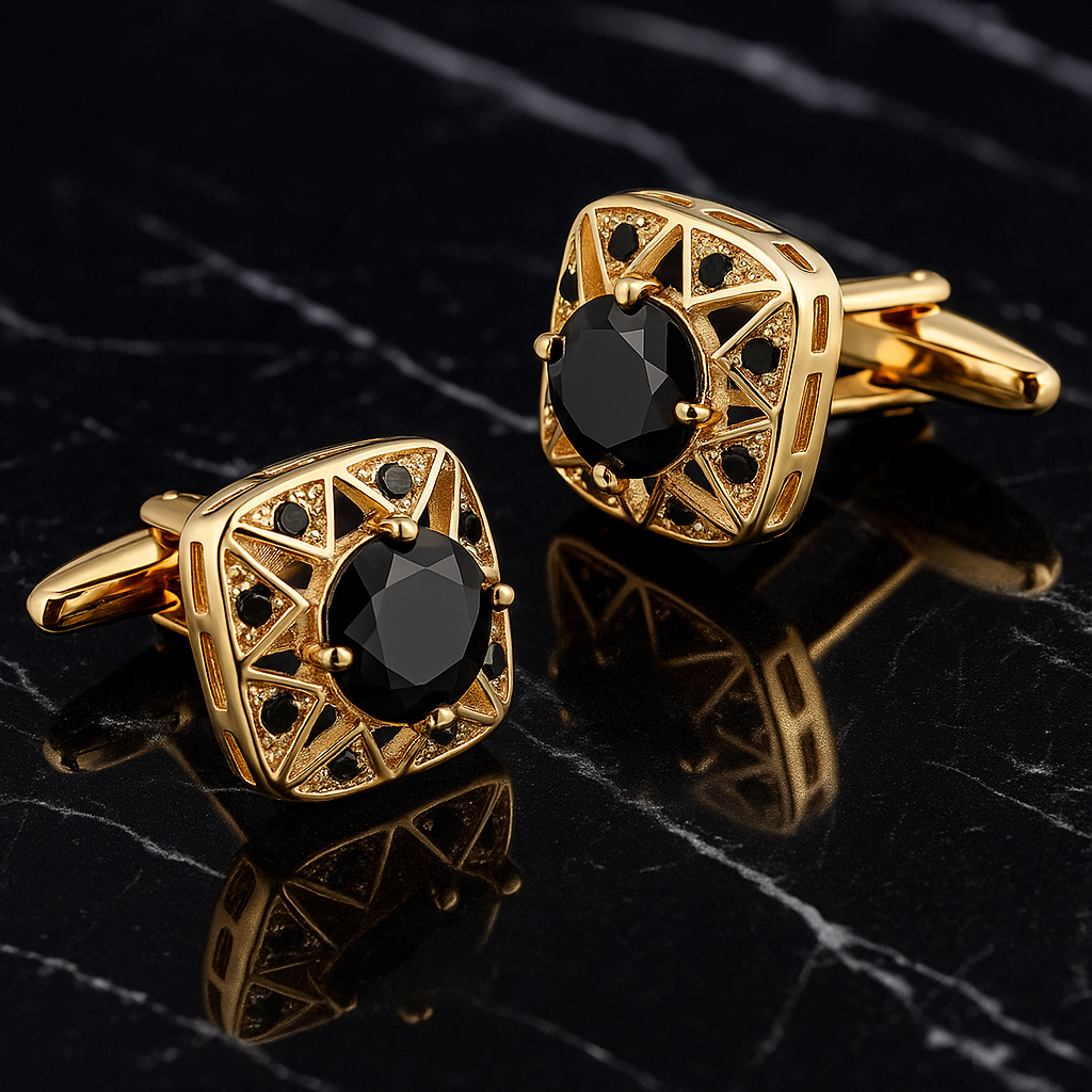 Gold cufflinks with black gemstones on a reflective black surface