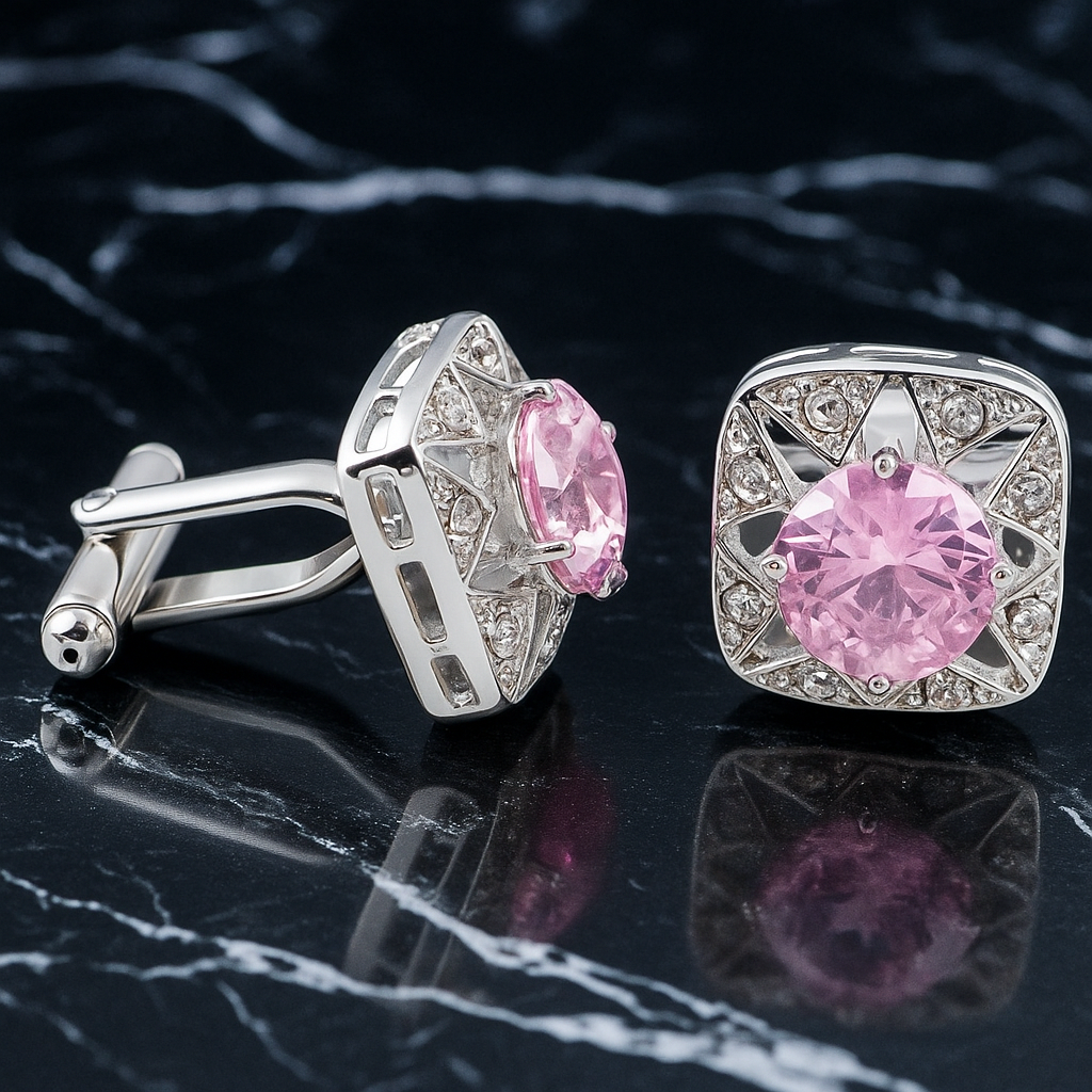 Silver cufflinks with pink gemstones on a reflective black surface