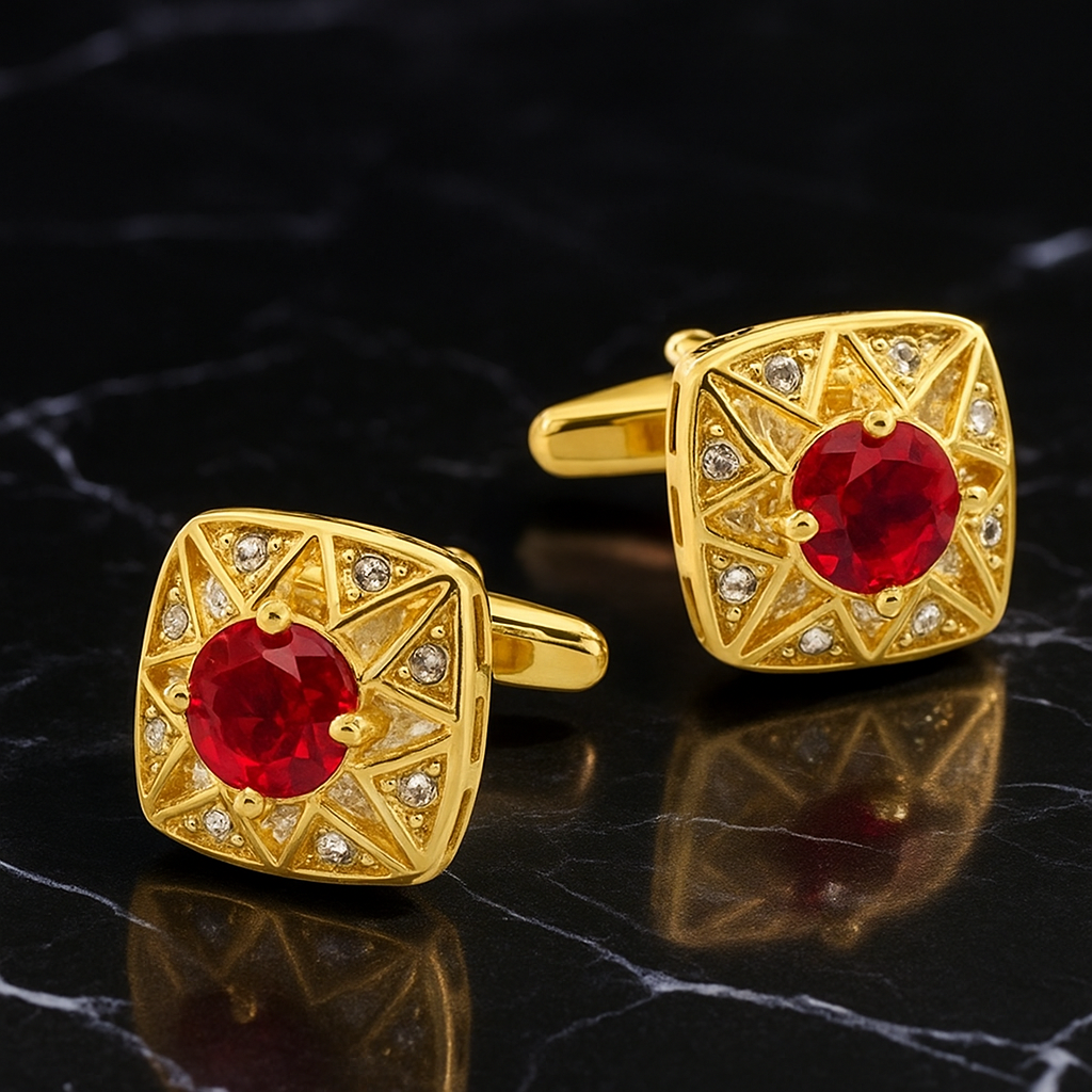 Gold cufflinks with red gemstones on a black marble surface