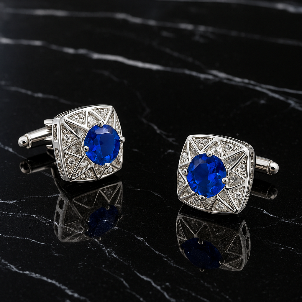 Pair of silver cufflinks with blue gemstones on a black marble surface