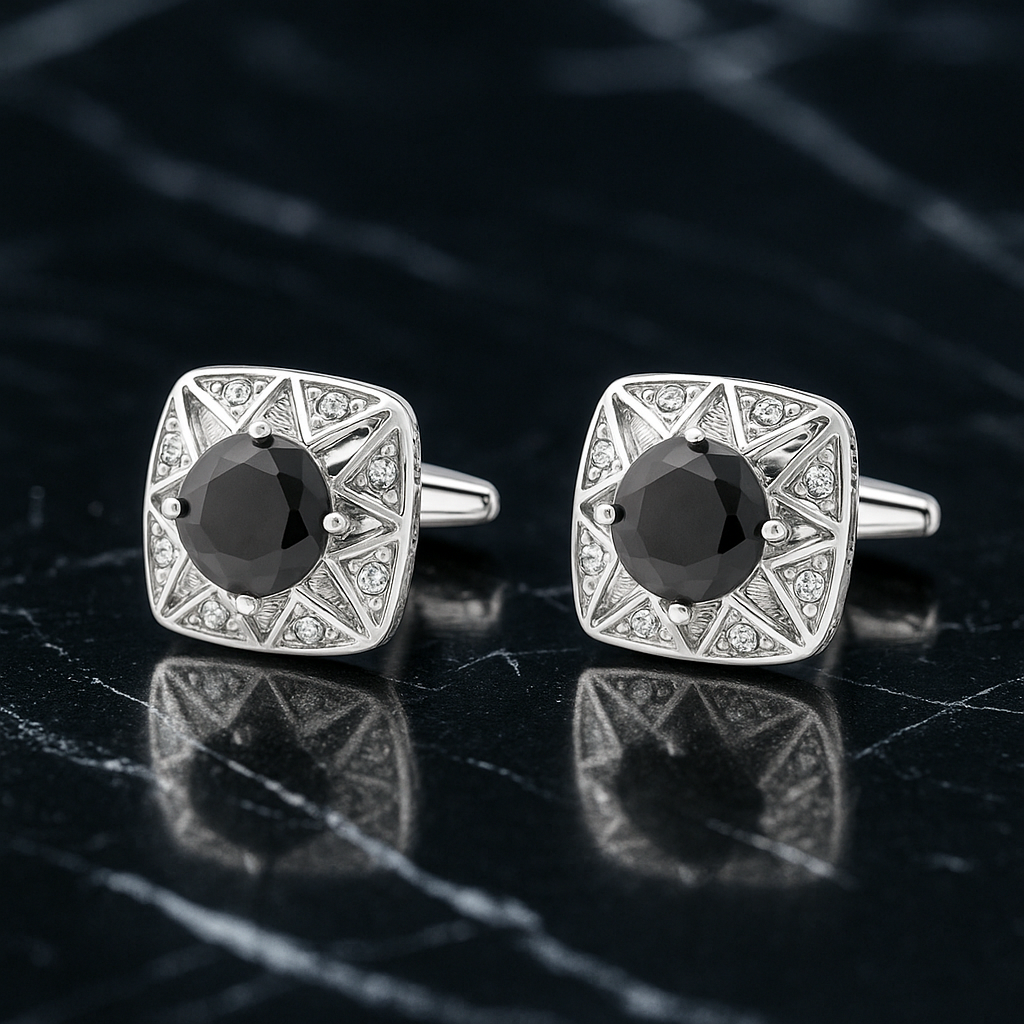 Pair of silver cufflinks with black gemstones on a dark marble surface