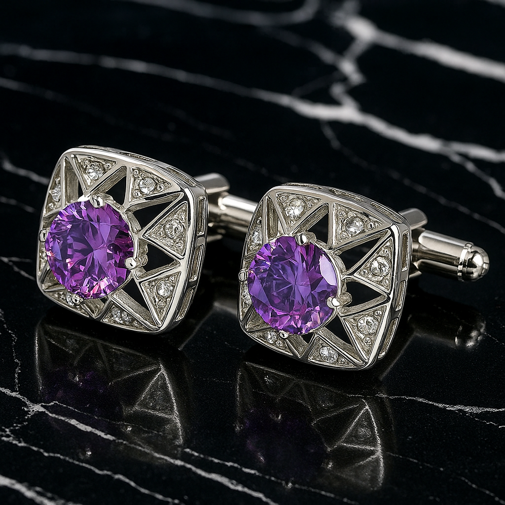 Pair of silver cufflinks with purple gemstones on a black marble surface