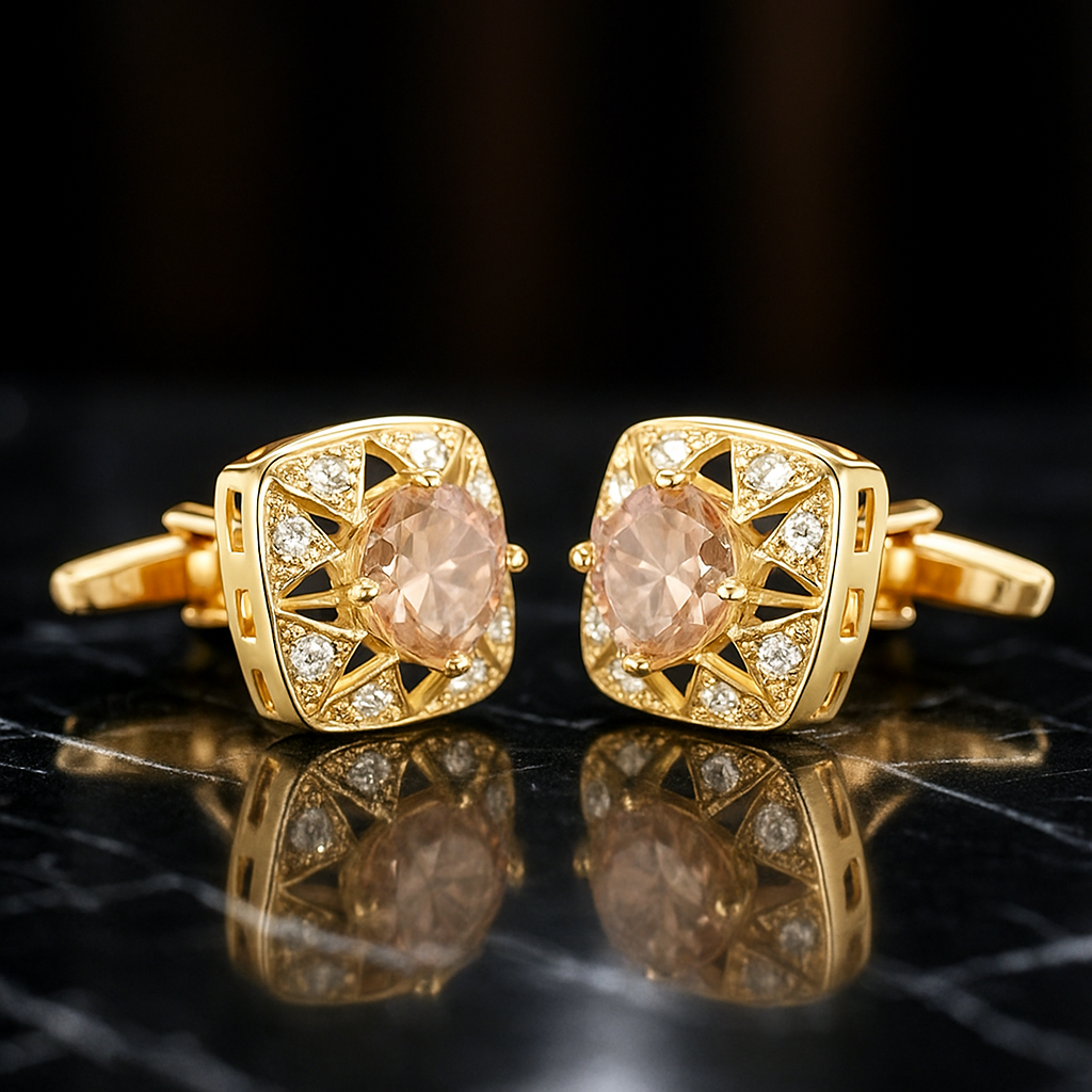 Gold cufflinks with pink gemstones on a reflective black surface