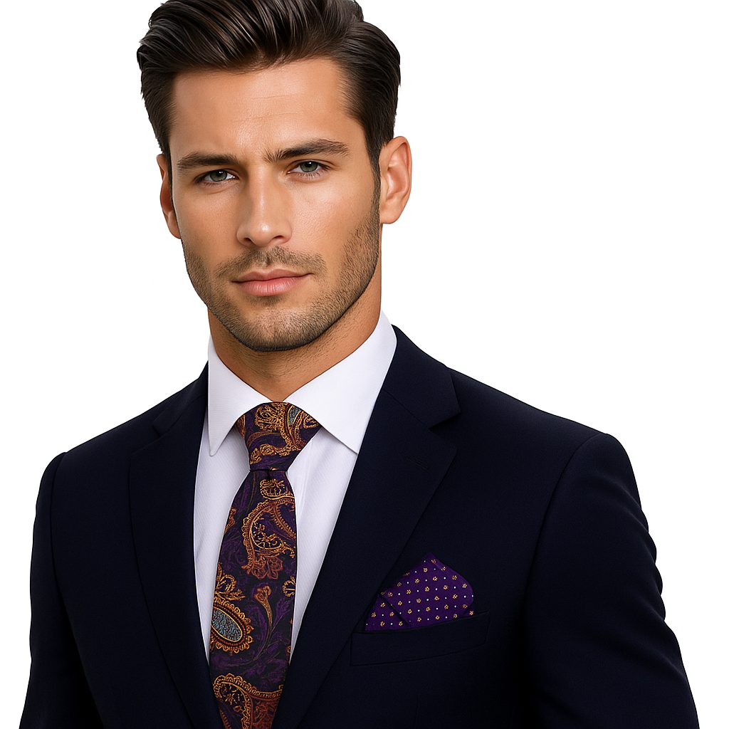 Man wearing Purple and Orange Paisley Tie and Accenting Square