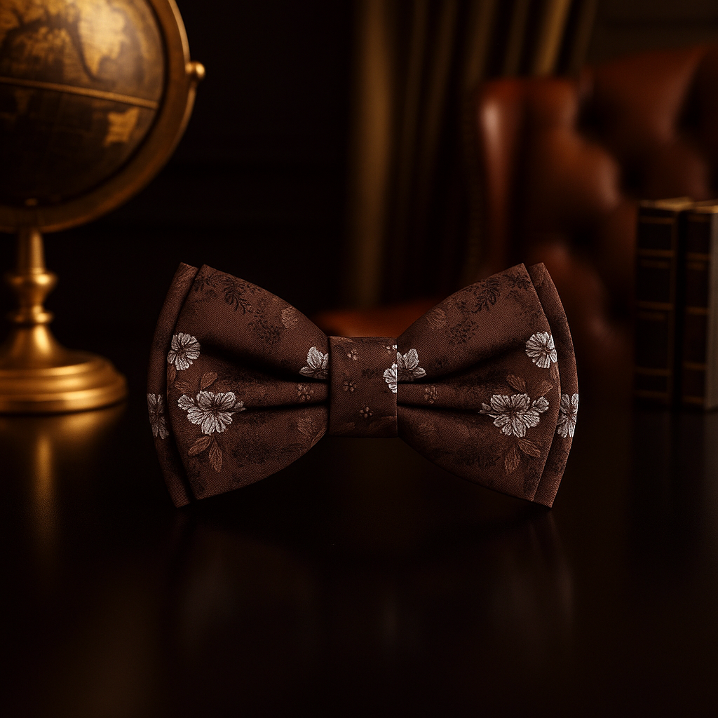 Brown bow tie with floral patterns on a dark surface, with a blurred background
