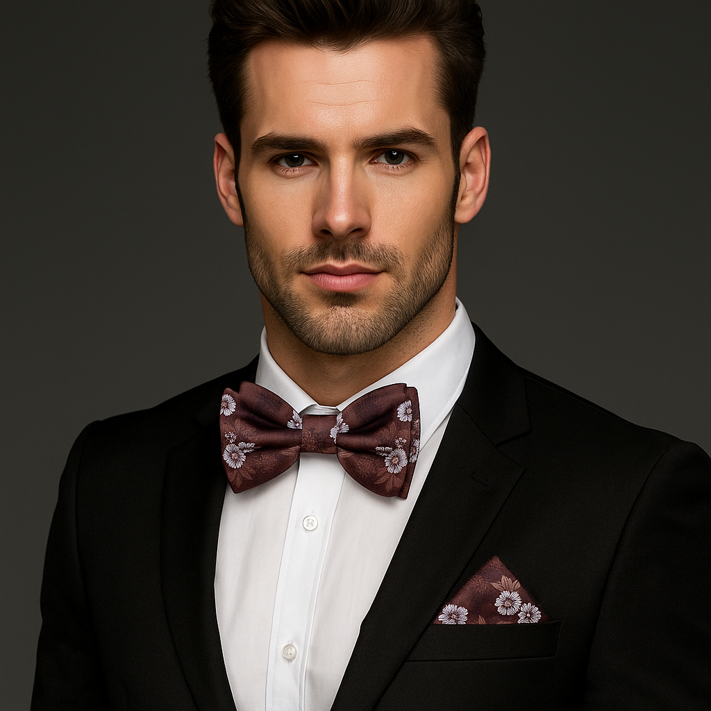 Man wearing a black suit with a patterned brown and white floral bow tie and pocket square on a dark background
