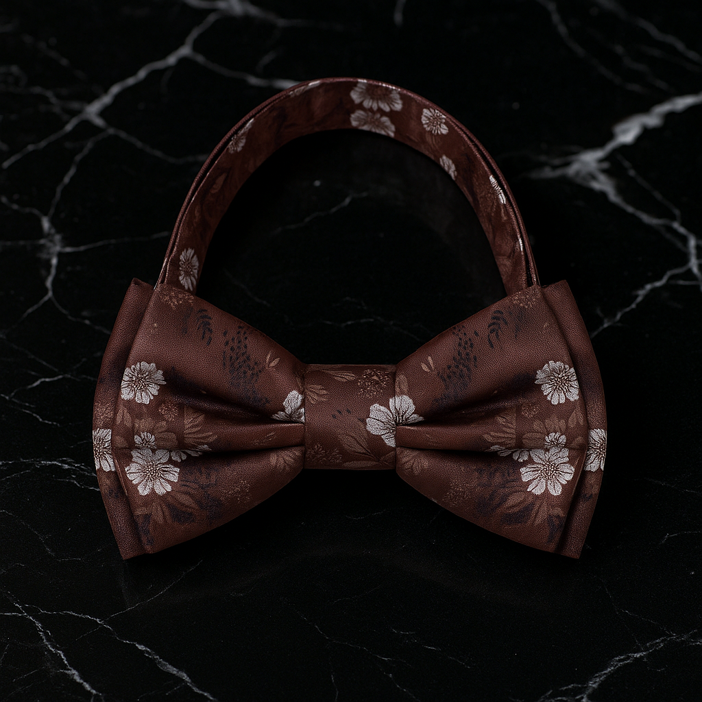 Brown bow tie with floral pattern on a dark marble background