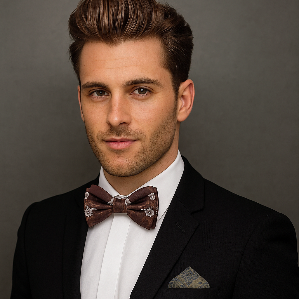 Man wearing a black suit with a patterned brown and white floral bow tie against a gray background