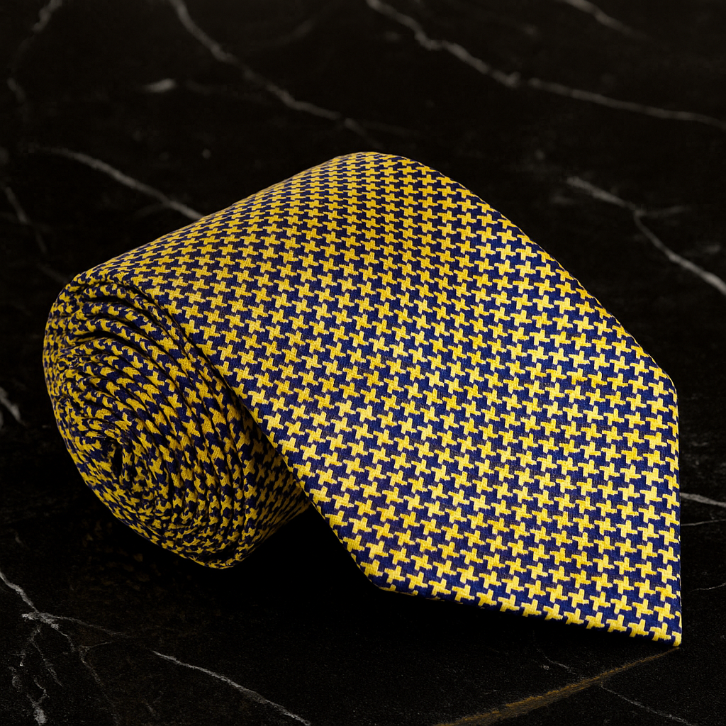 Dark Blue and Gold Hounds Tooth Rolled Necktie on block marble