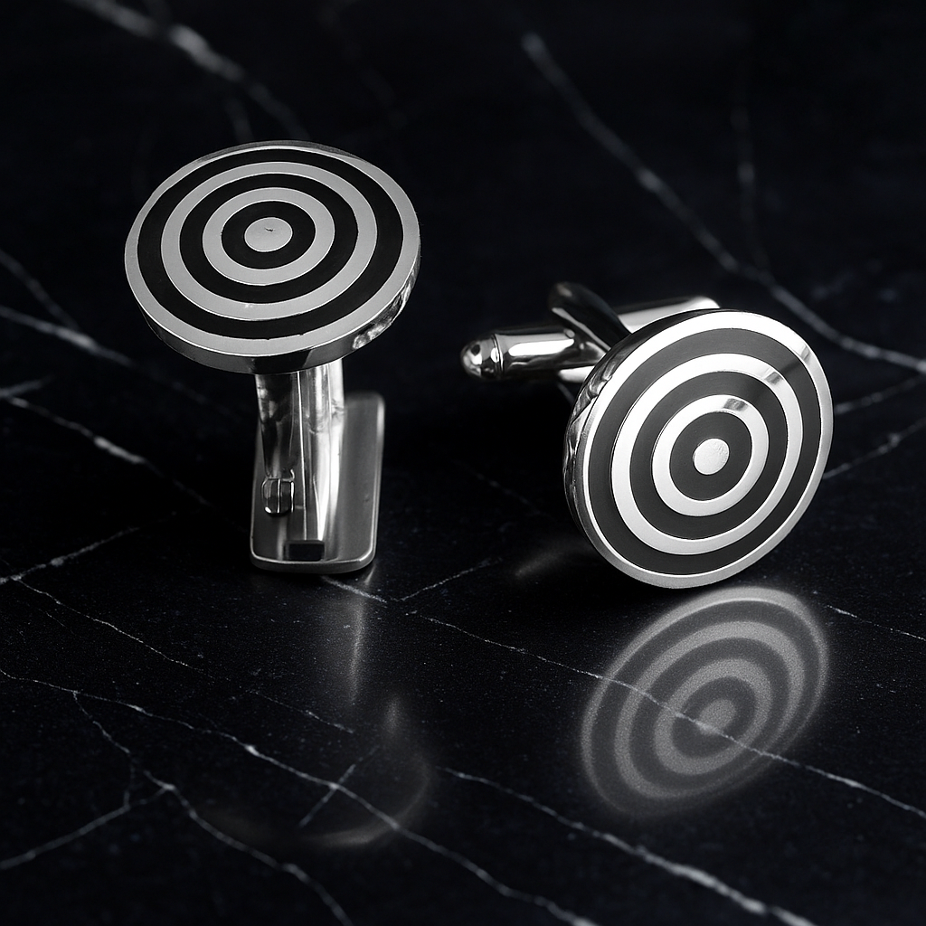 A Chrome and Black Colored Circular Shape with Bullseye Pattern Cuff-links. 3