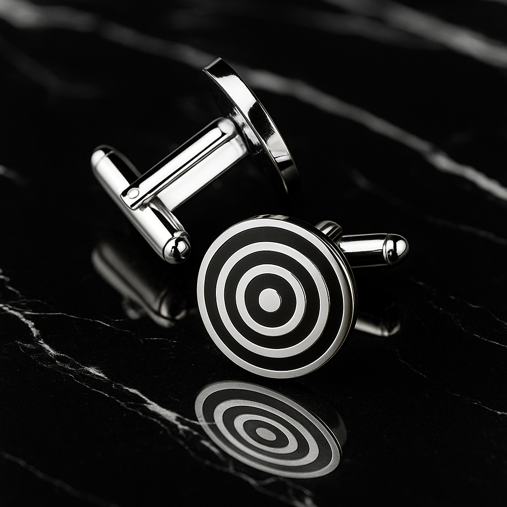 A Chrome and Black Colored Circular Shape with Bullseye Pattern Cuff-links. 2