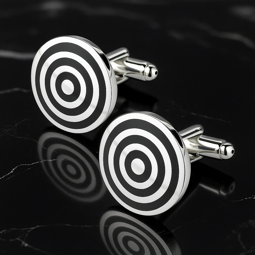 A Chrome and Black Colored Circular Shape with Bullseye Pattern Cuff-links.