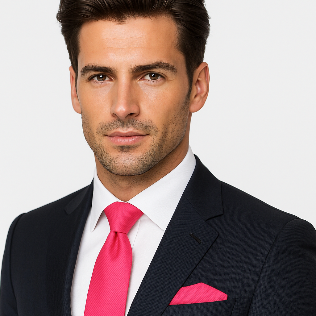 Man wearing a dark suit with a white shirt and pink tie and pocket square on a light gray background