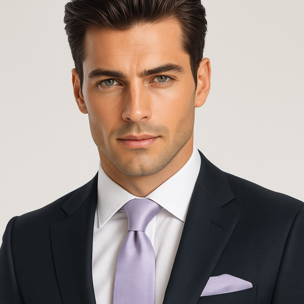 Man wearing a dark suit with a Solid Grey Lined Tie and Pocket Square on a plain background