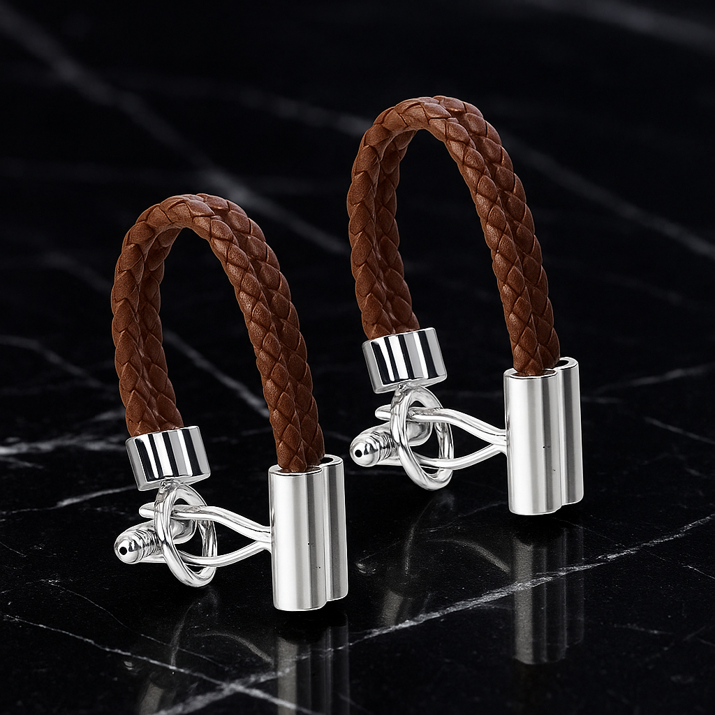 Pair of silver cufflinks with brown braided leather straps on a black marble surface