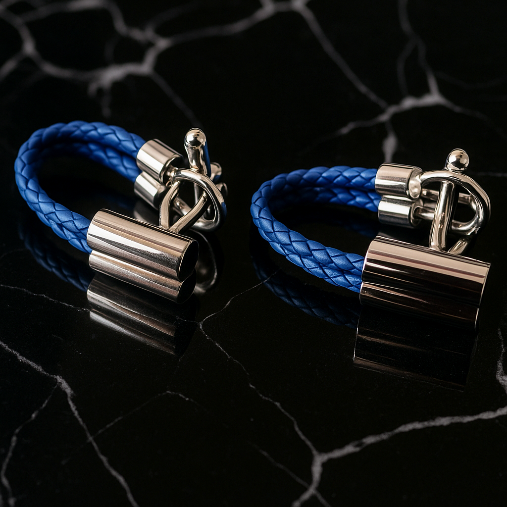 Two blue braided bracelets with silver clasp on a dark textured surface