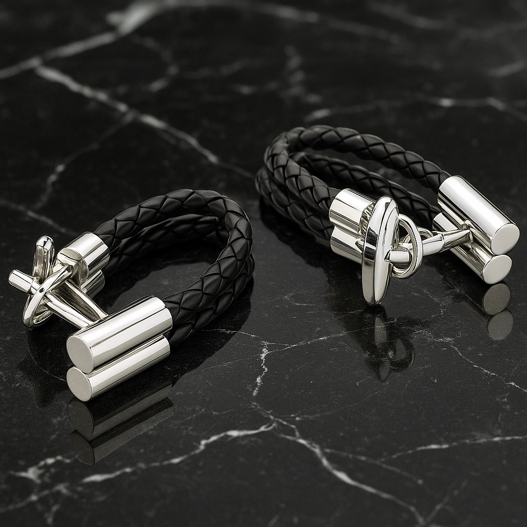 Black braided leather cufflinks with silver clasp on a dark marble surface