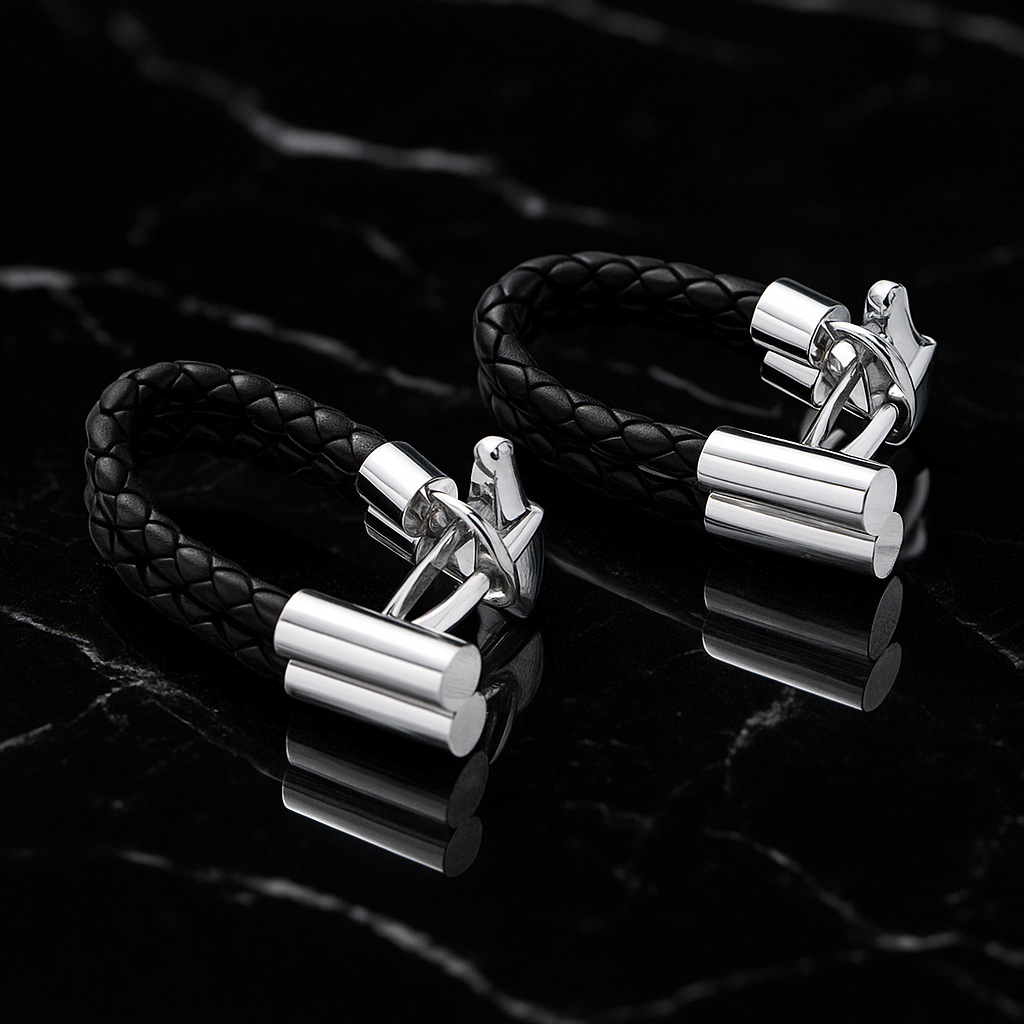 Silver cufflinks with black braided leather straps on a dark surface