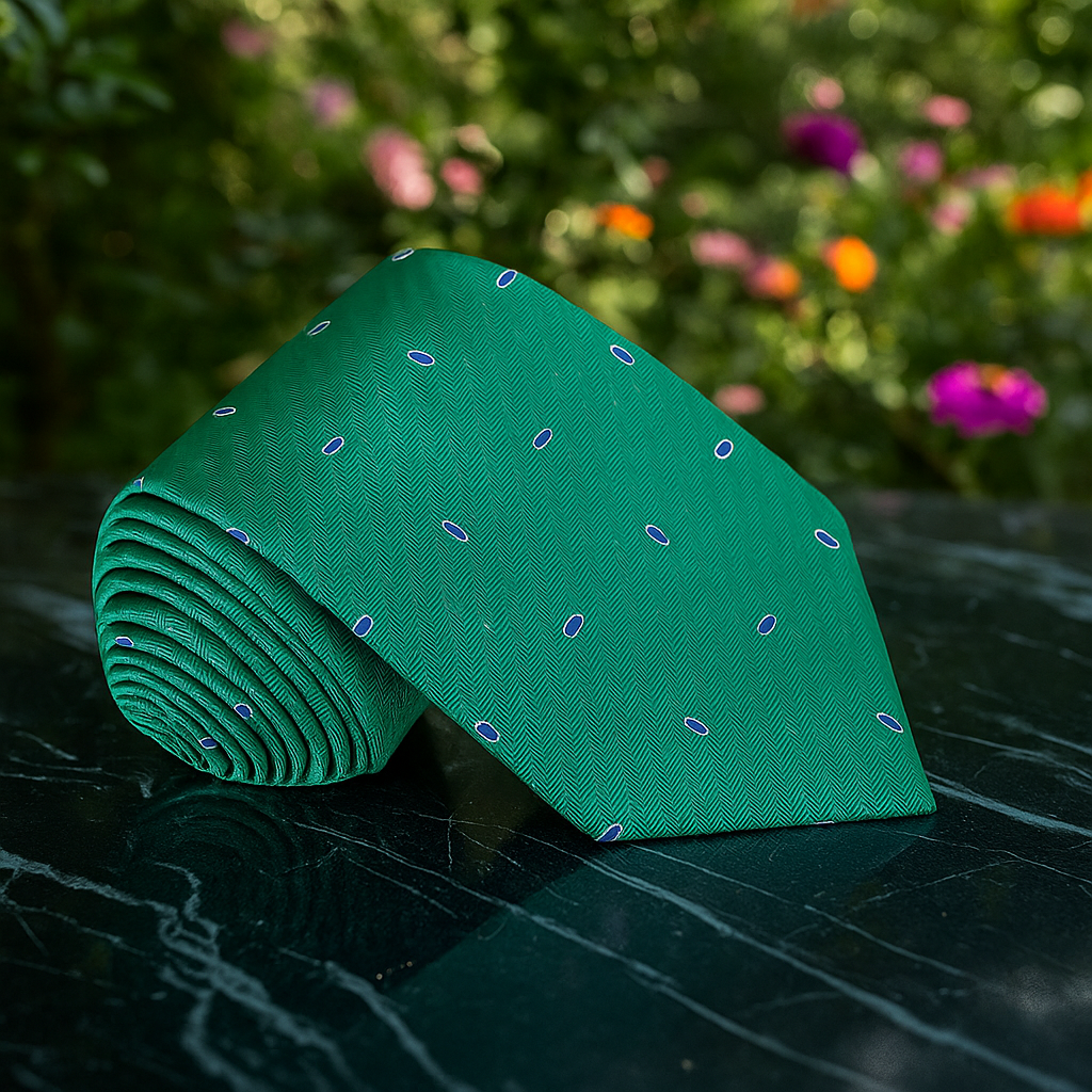 Folded green tie with small blue dots on a dark surface with a blurred floral background