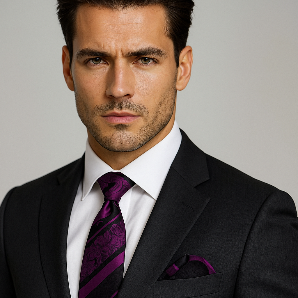 Man wearing a black suit with a purple tie and pocket square on a gray background