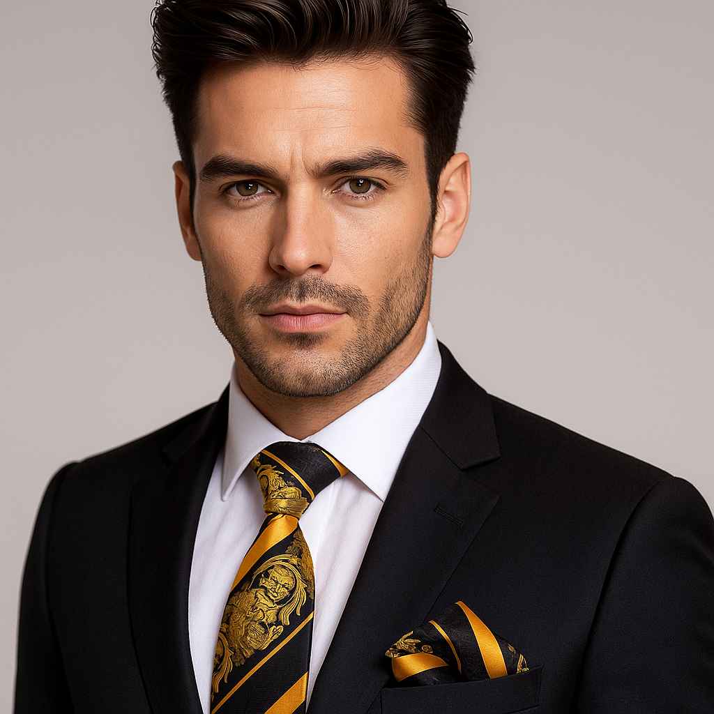 Man wearing a black suit with a gold tie and pocket square against a gray background