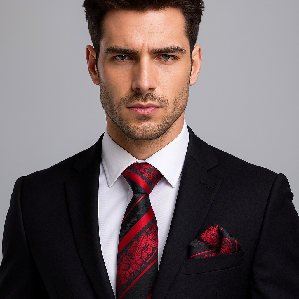 Man wearing a black suit with a red tie and pocket square on a gray background