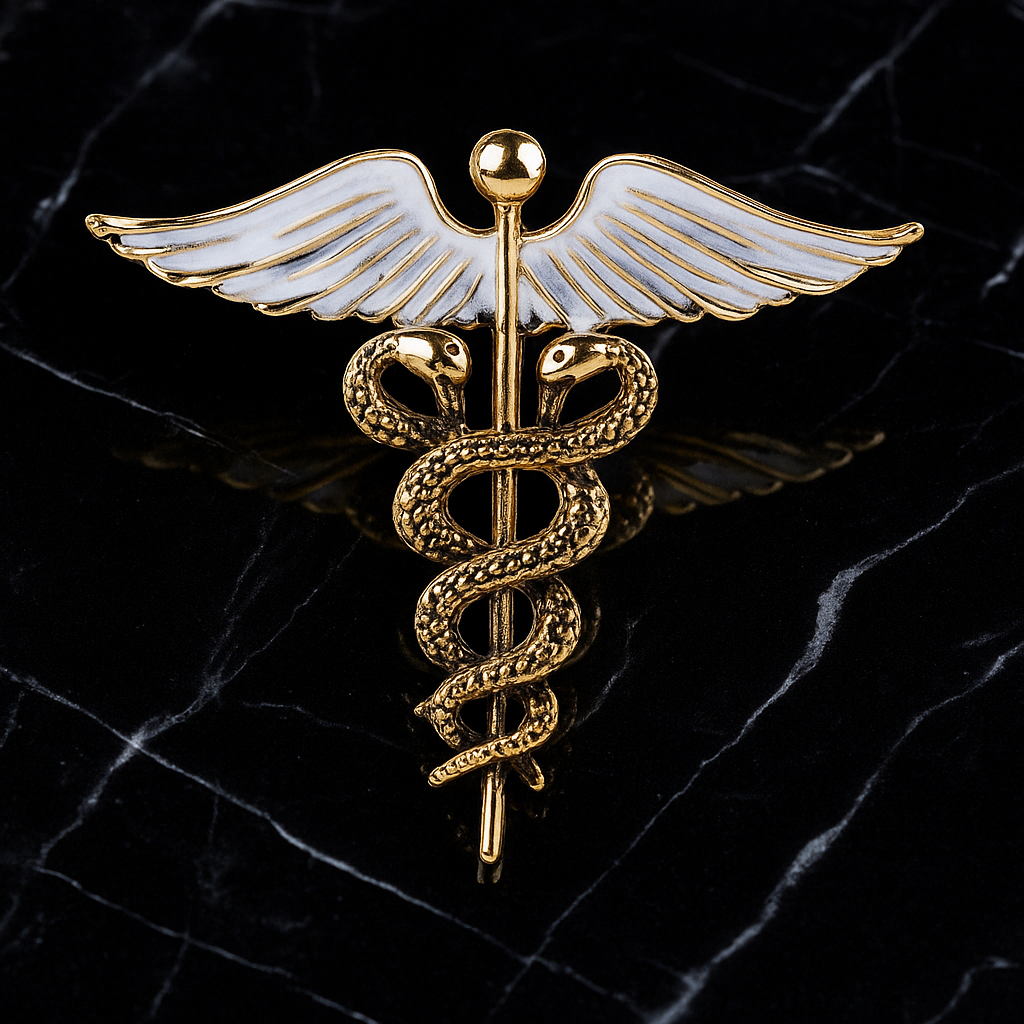Gold caduceus symbol with wings on a black marble background