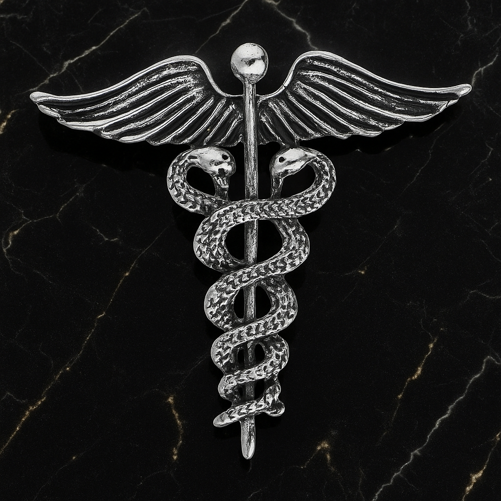 Silver caduceus symbol on a black marble background