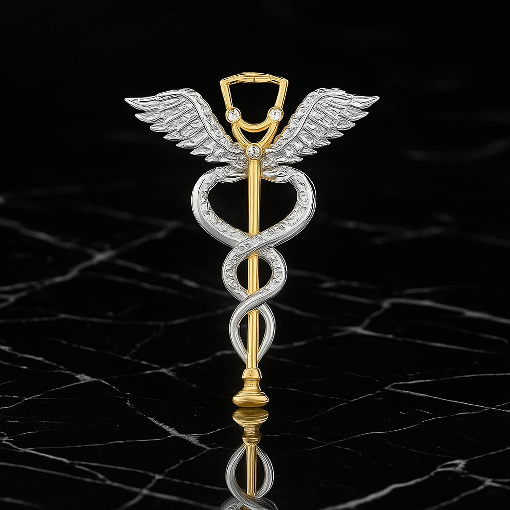 Gold and silver caduceus symbol on a black marble background