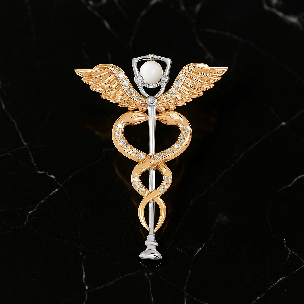 Caduceus Lapel Pin | Staff of Hermes in Gold, Silver & Pearl 