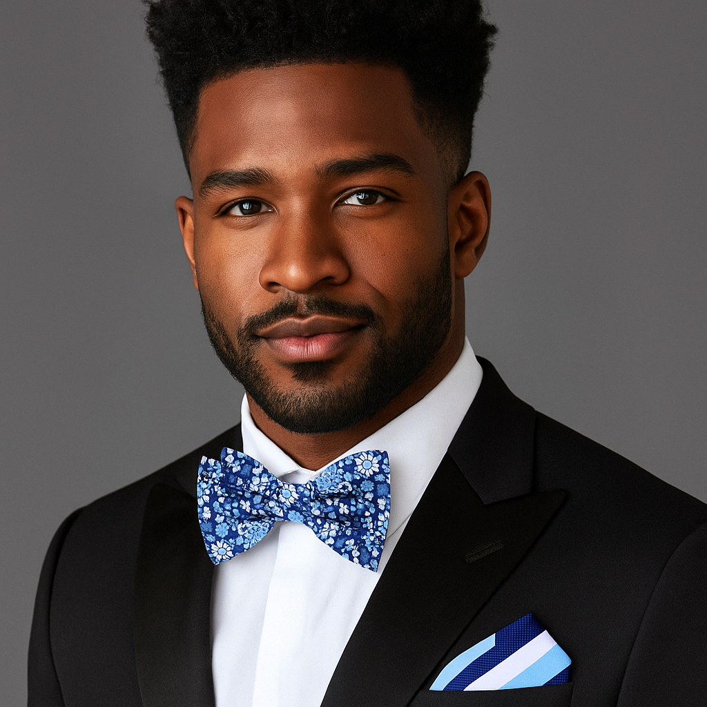 Man wearing a black suit with a blue bow tie and pocket square on a gray background