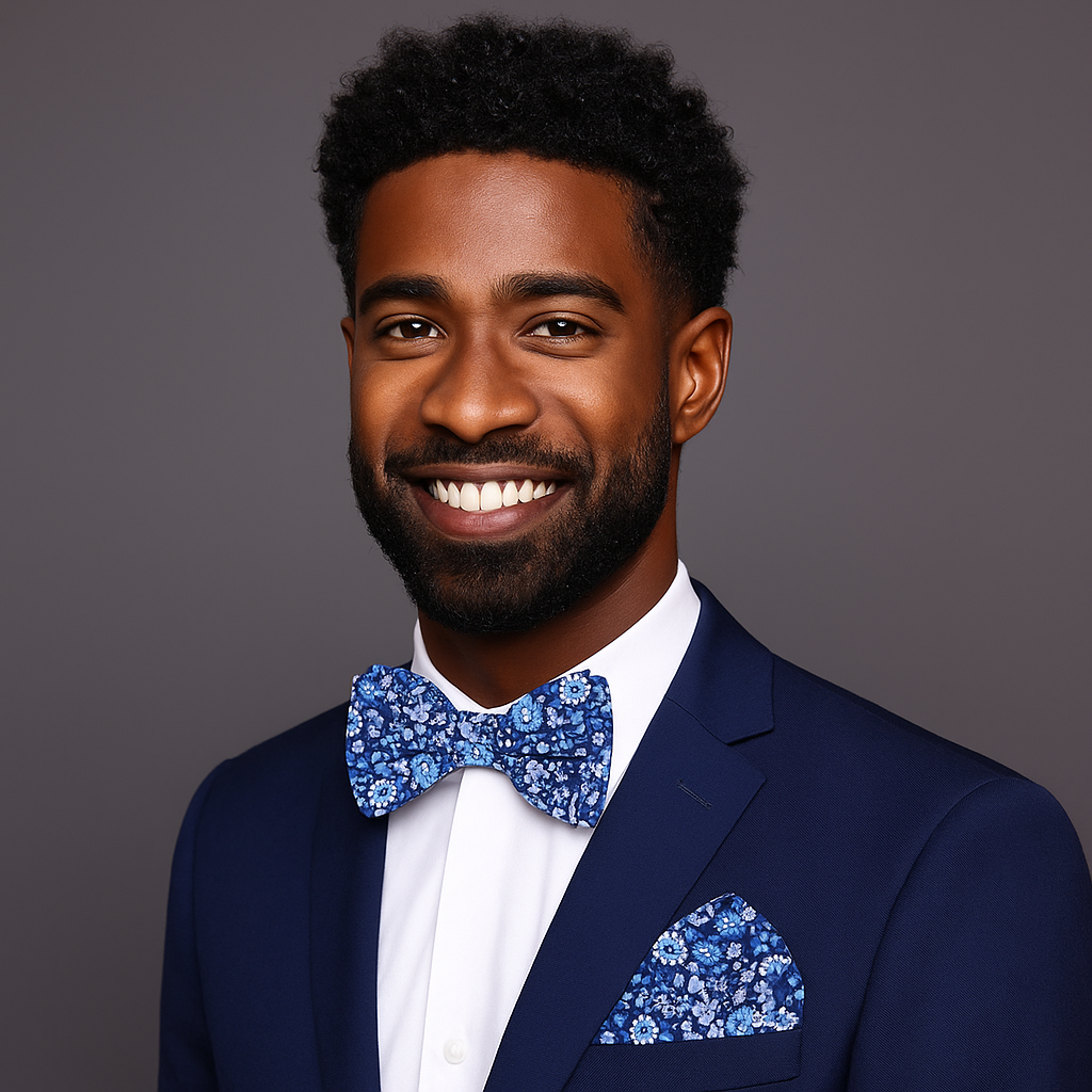 Man wearing a blue suit with a floral bow tie and pocket square on a gray background
