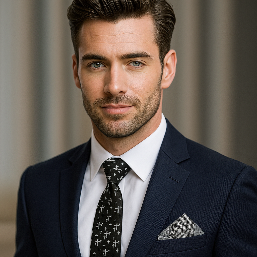 Man wearing a navy suit with a patterned tie and pocket square against a neutral background