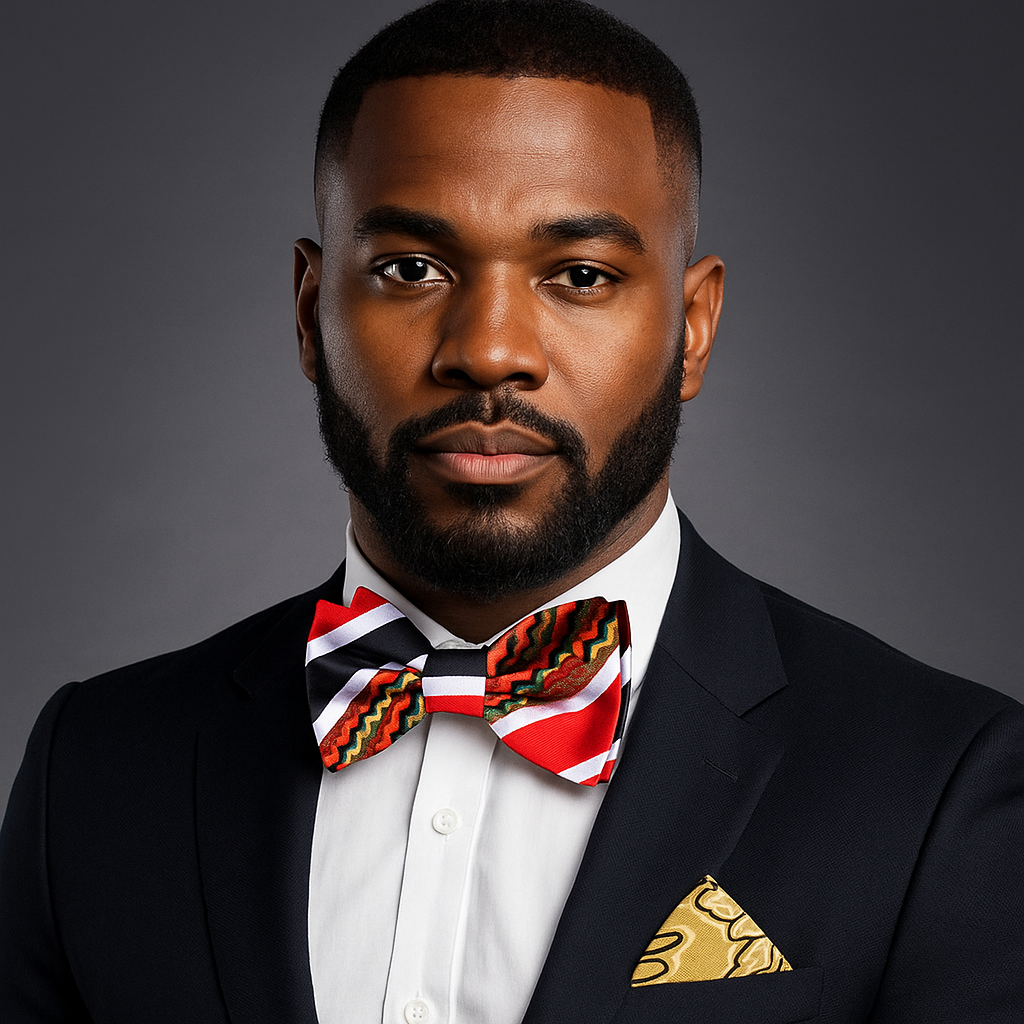 Man wearing a black suit with a colorful bow tie and pocket square on a gray background