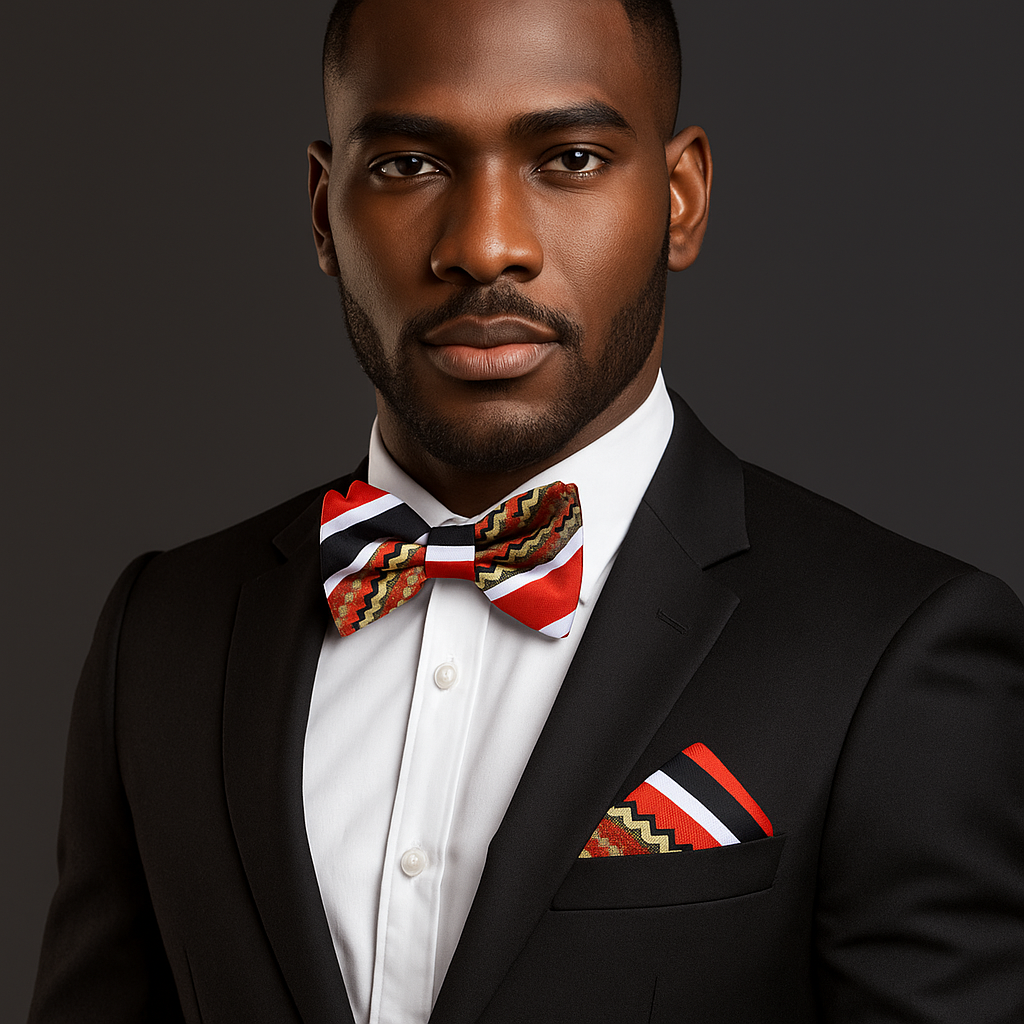 Man wearing a black suit with a colorful bow tie and pocket square on a dark background