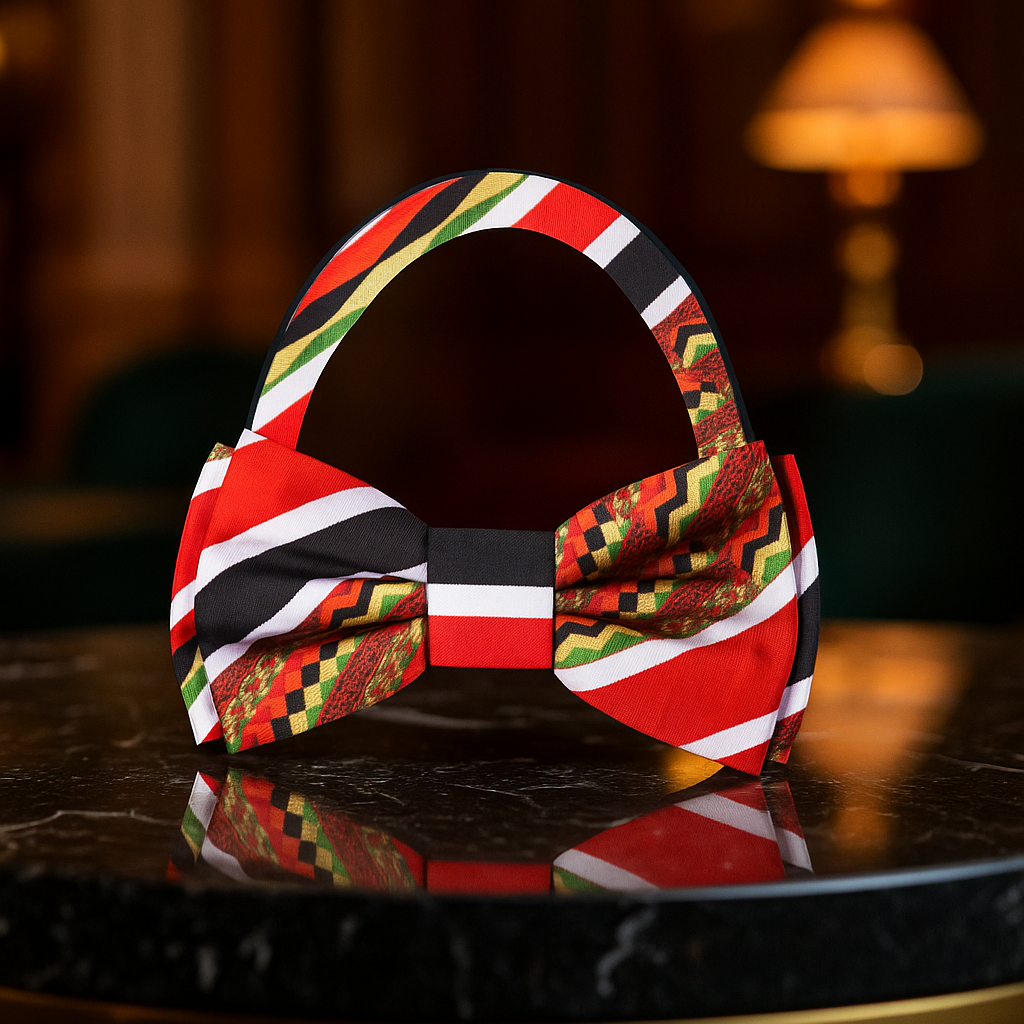 A Red, Black, White, Light Gold, Green, Brown Color Abstract Pattern Bow Tie Pre Tied