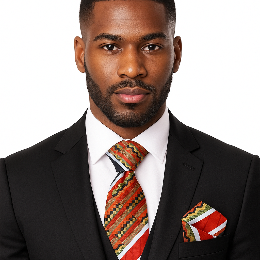 Man wearing a black suit with a patterned tie and pocket square on a white background
