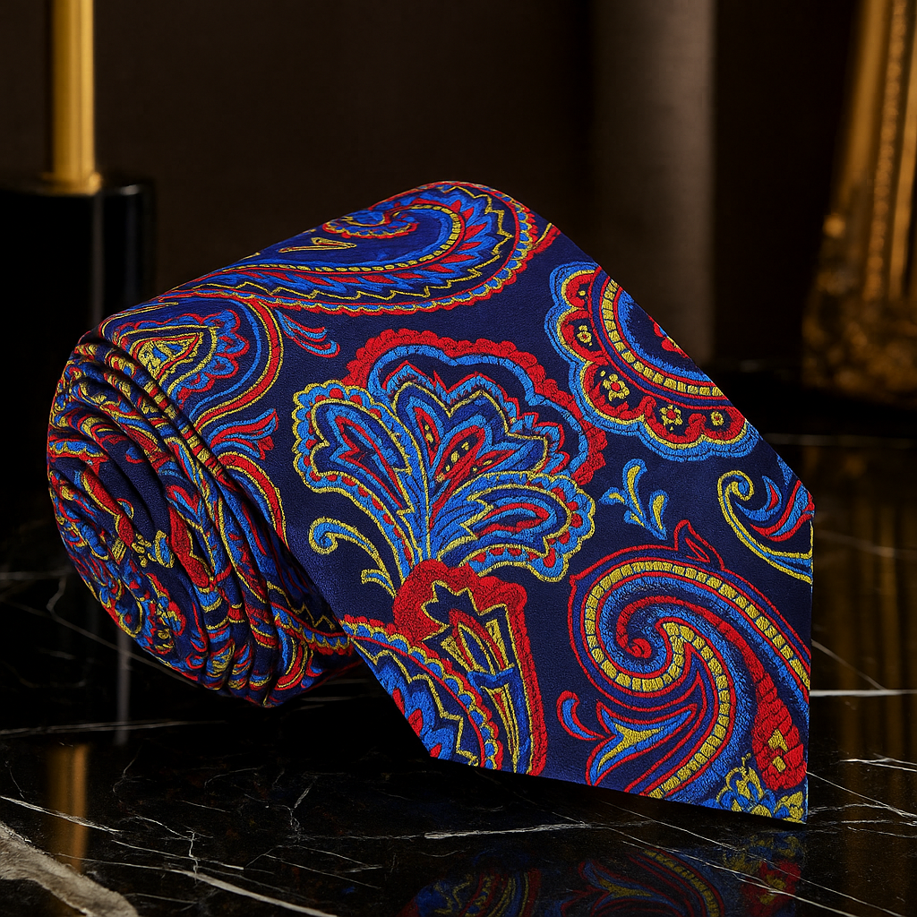 Blue, Red and Yellow Paisley Tie with marble table