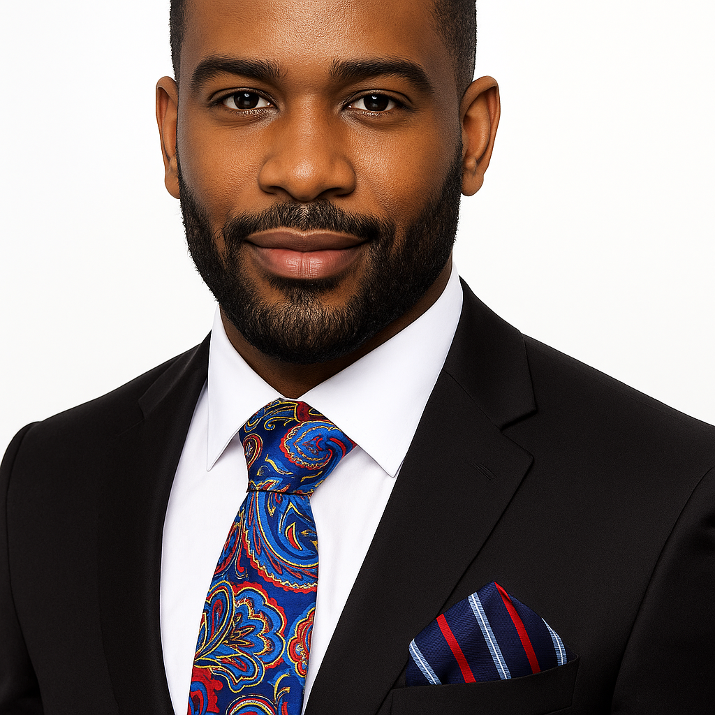 Man wearing a black suit with a Blue, Red and Yellow Paisley Tie and Blue, Red Stripe Pocket Square on a white background