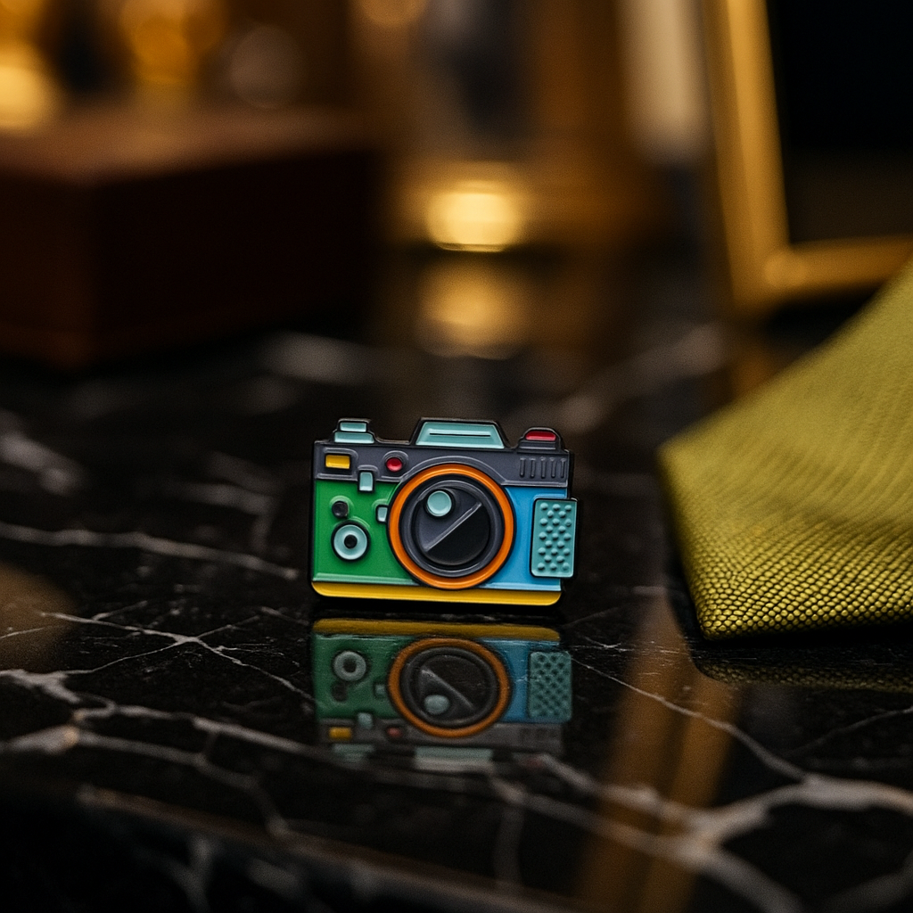 A Green, Blue, Yellow Colored Camera Shaped Lapel Pin.||Green, Blue, Yello