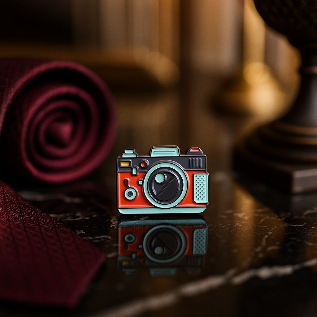A Light Blue, Red Colored Camera Shaped Lapel Pin.||Red, Light Blue