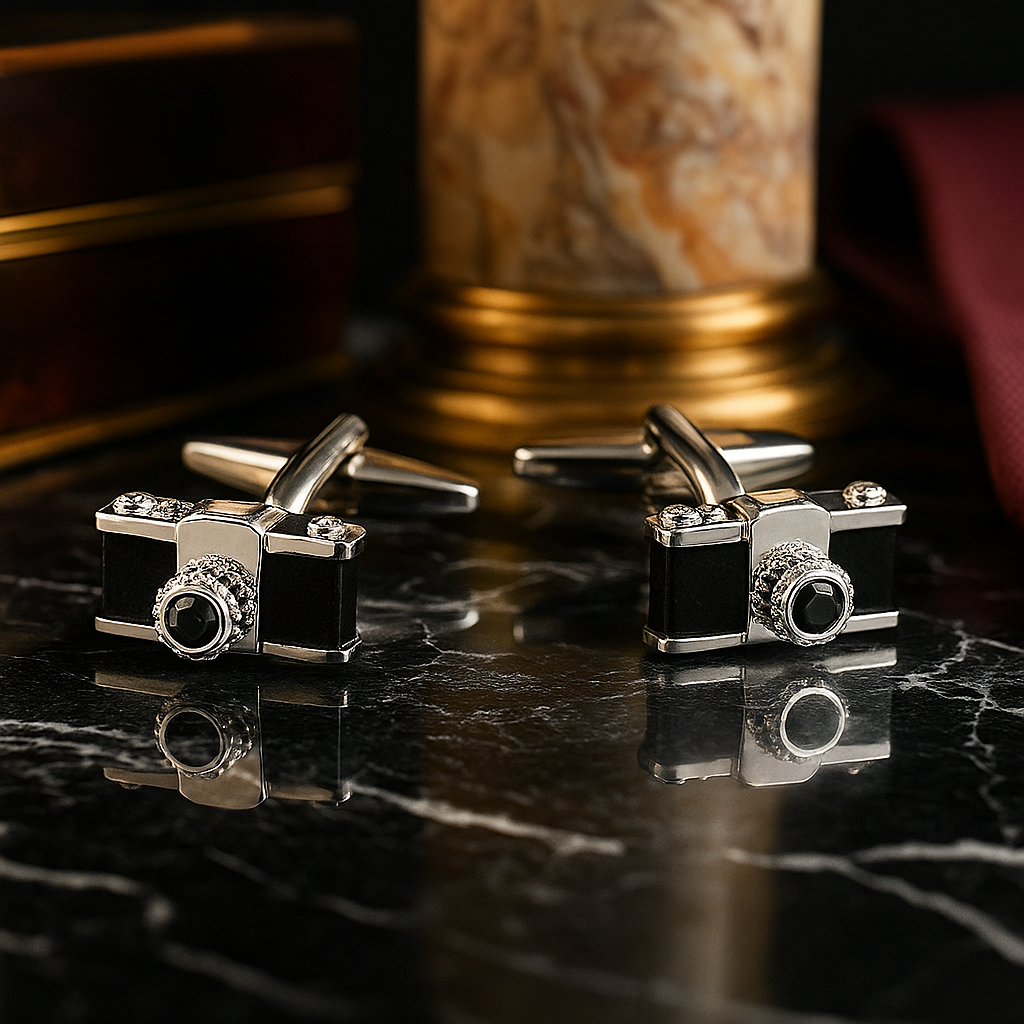 Silver Black Cufflinks Shaped Like a Camera