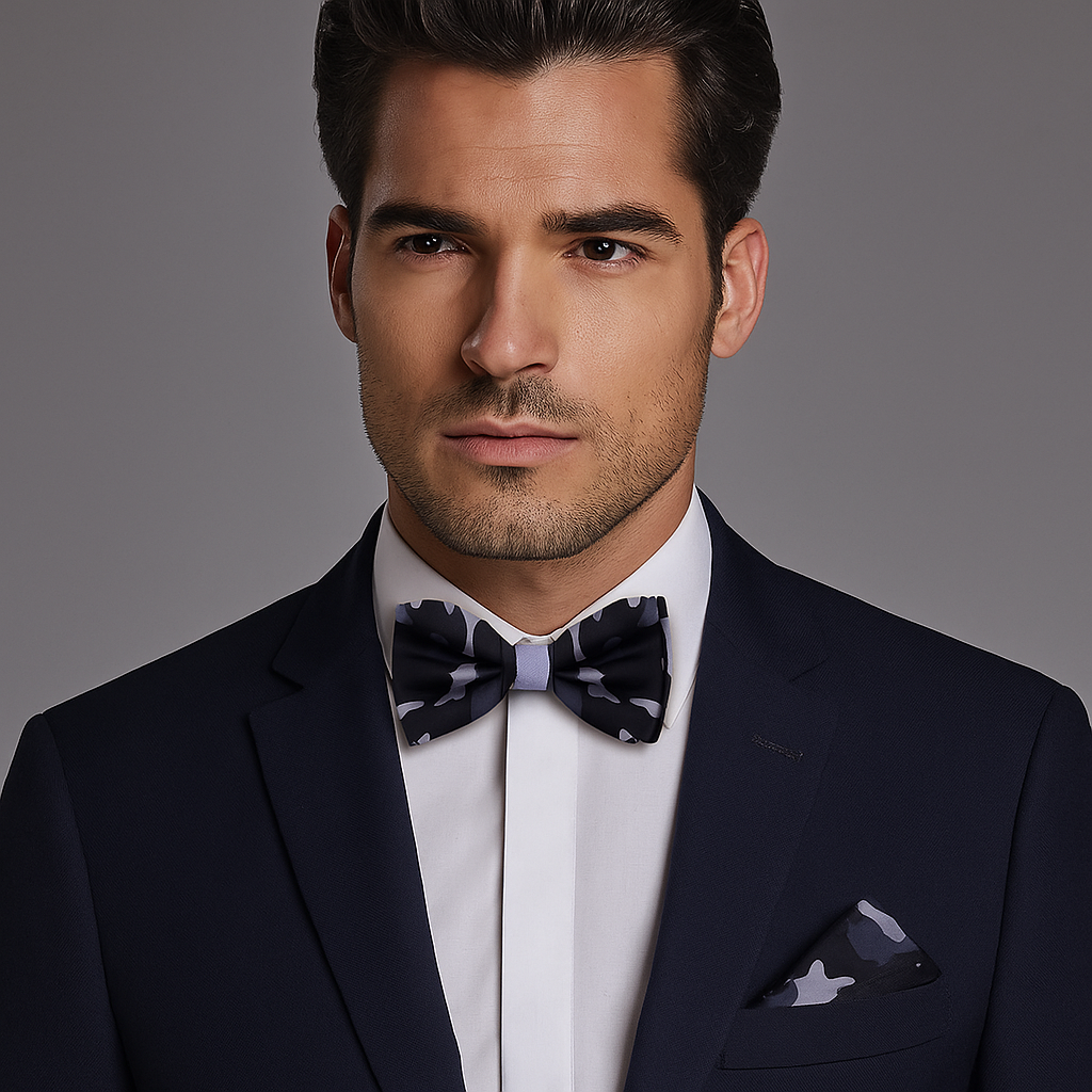Man wearing a dark suit with a A Black, Grey Camo Fleck Pattern Self Tie Bow Tie, Matching Pocket Square against a gray background