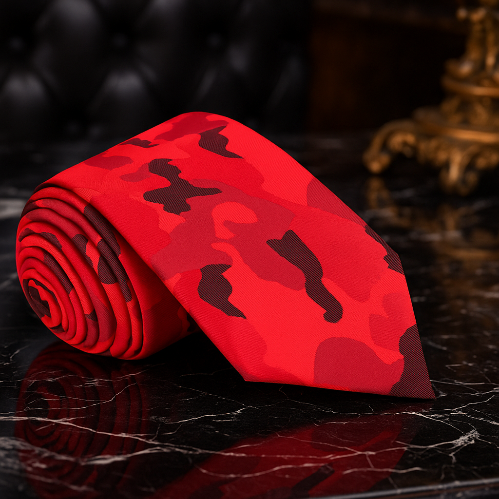 A Red, Light Red, Black Color Camouflage Fleck Pattern Necktie 